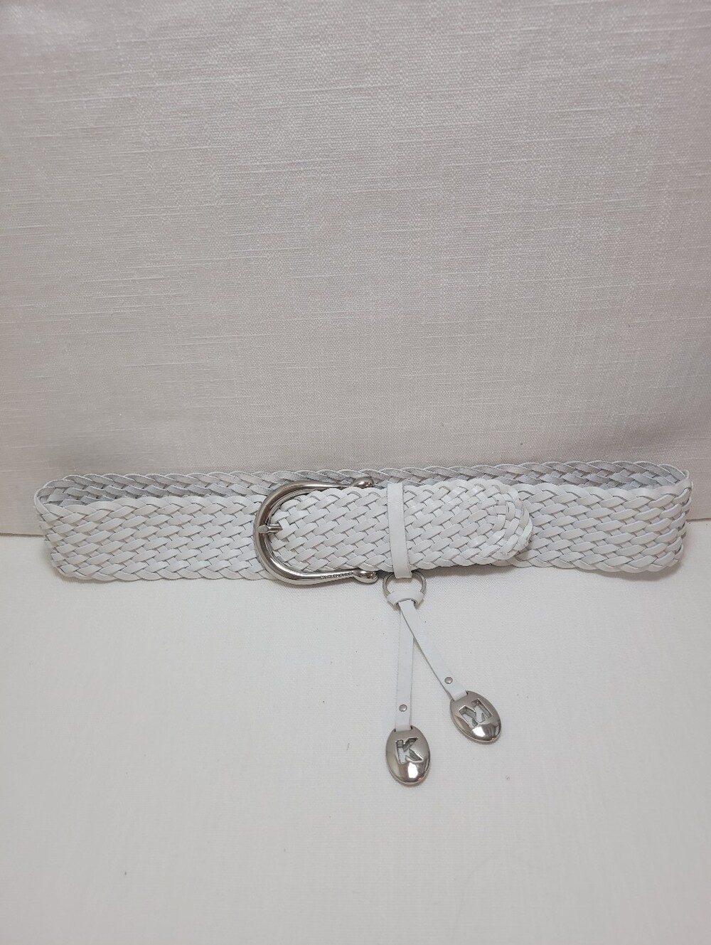 Michael Kors White Braided Leather Belt with Silver Hardware Medium - Picture 4 of 7